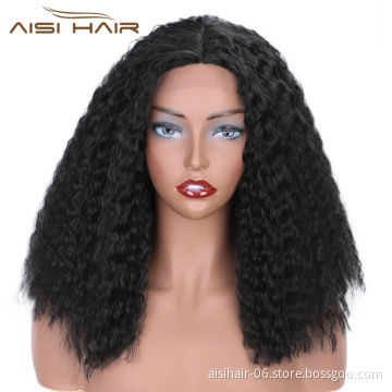 Aisi Hair Cheap Medium Long Natural Black Afro Curly Kinky Front Lace Wig Synthetic Lace Front Wig Hair Wigs For Black Women